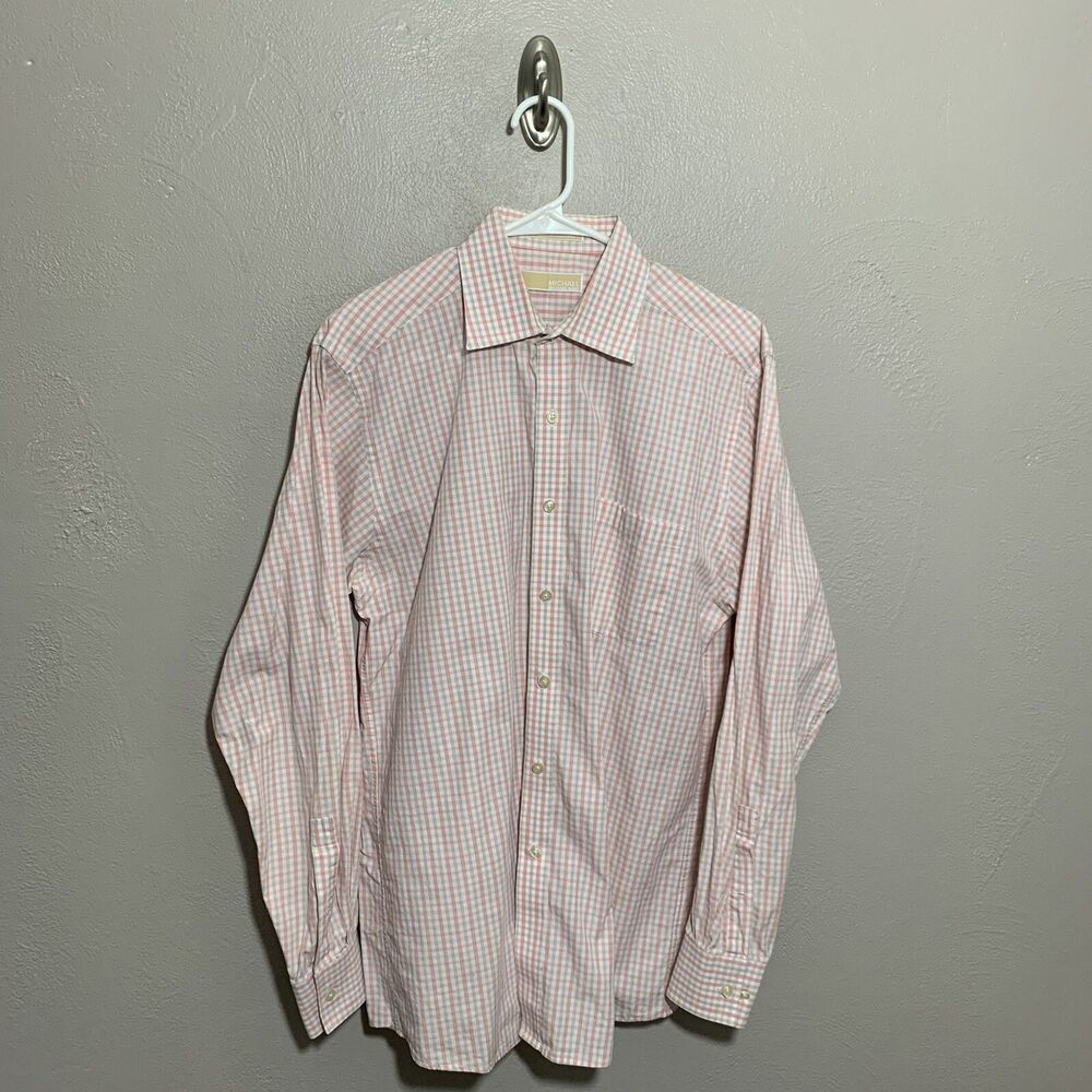 Michael Kors Mens Peach Plaid Long Sleeve Button Down Dress Shirt 15 1/2 34/35